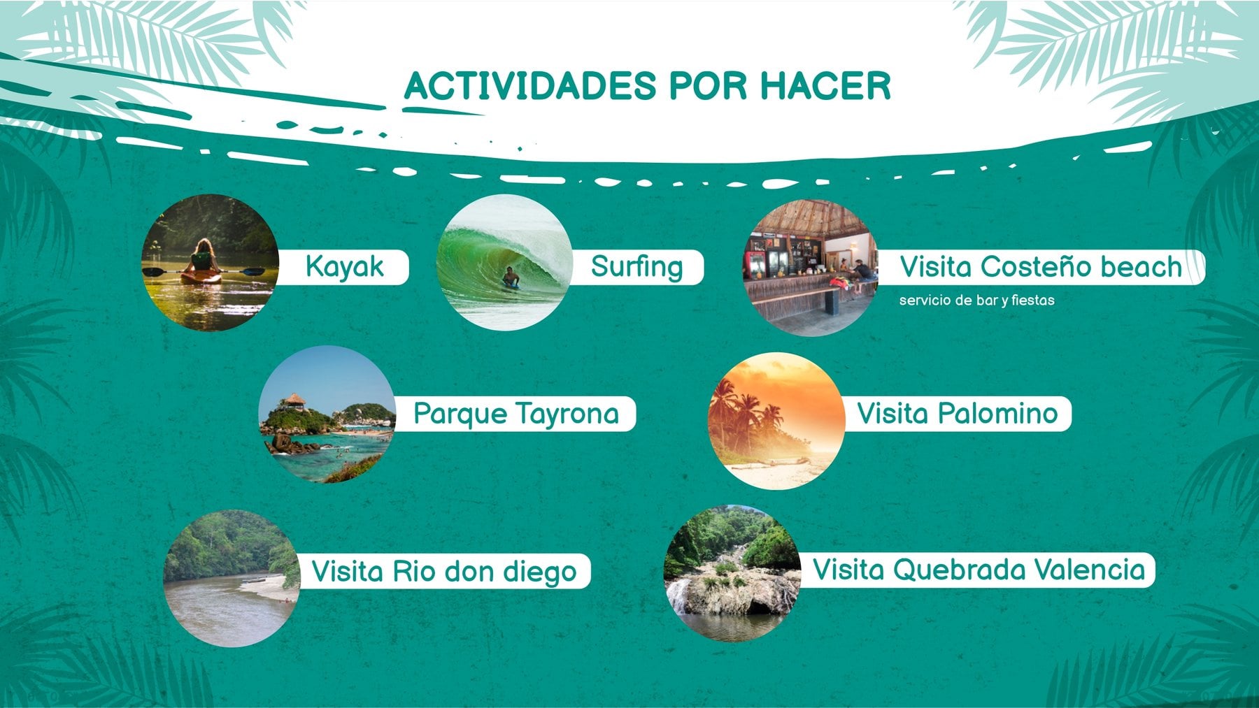 Actividades por hacer: kayak, surfing, visita a Costeño Beach (servicio de bar y fiestas), Parque Tayrona, visita a Palomino, visita al río Don Diego y visita a Quebrada Valencia