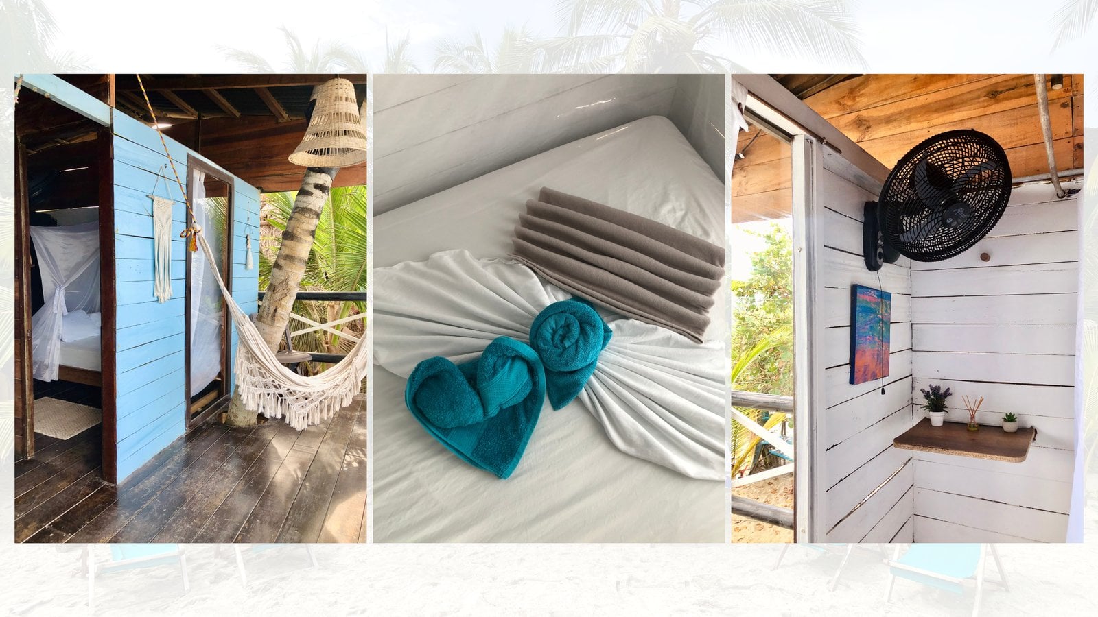 Detalles de las habitaciones: hamaca, cama con toallas decorativas y ventilador