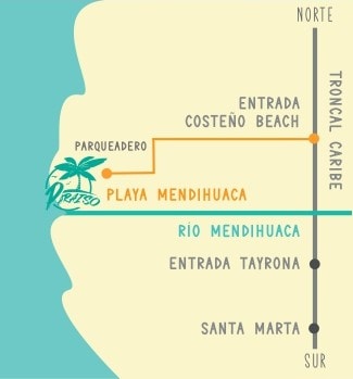 Mapa: desde Santa Marta por la Troncal del Caribe, pasando la entrada al Tayrona y el río Mendihuaca, hasta la entrada de Costeño Beach y el parqueadero de Playa Mendihuaca